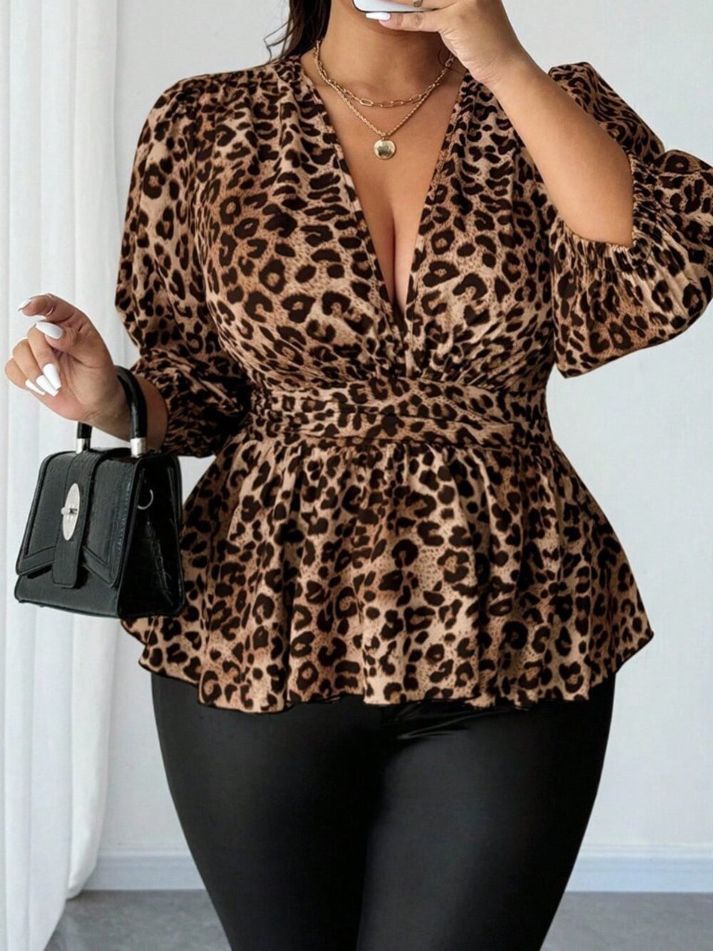 Brown Casual Women's Leopard Print V-Neck A-Line Three-Quarter Sleeve Shirt